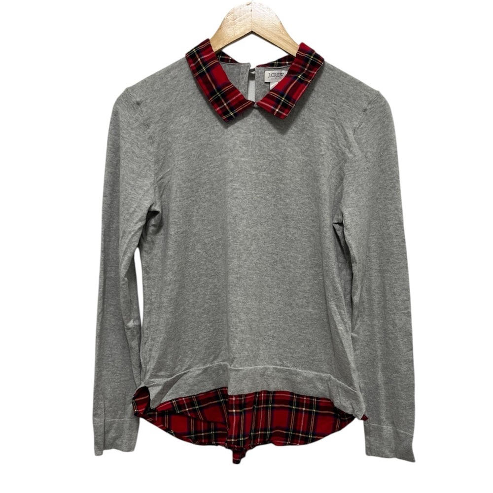 J CREW Lightweight Cotton Sweater Plaid Collar and Hem 100% Cotton Size Small